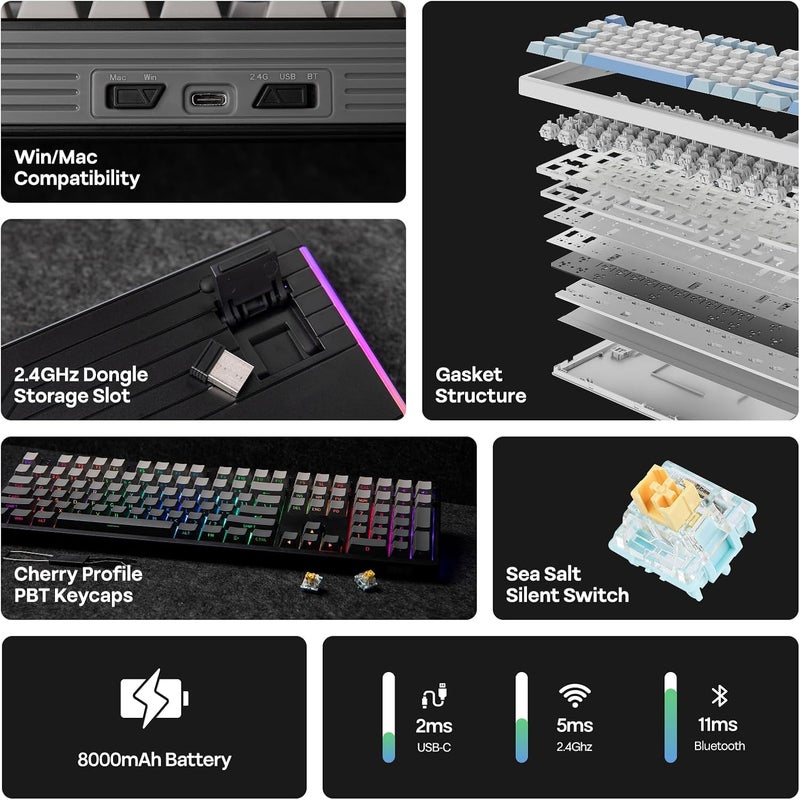 EPOMAKER TH108 Full Size Mechanical Keyboard, Wireless Gaming Keyboard with 8000mAh Battery, Creamy Gasket, 108 Keys, Hot Swap, Custom Driver, RGB Backlight (Black, Sea Salt Silent) - Image 2